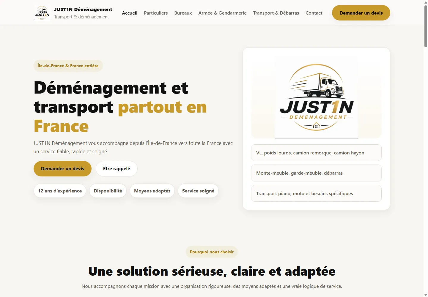 Aperçu du site JUST1N Déménagement sur ordinateur